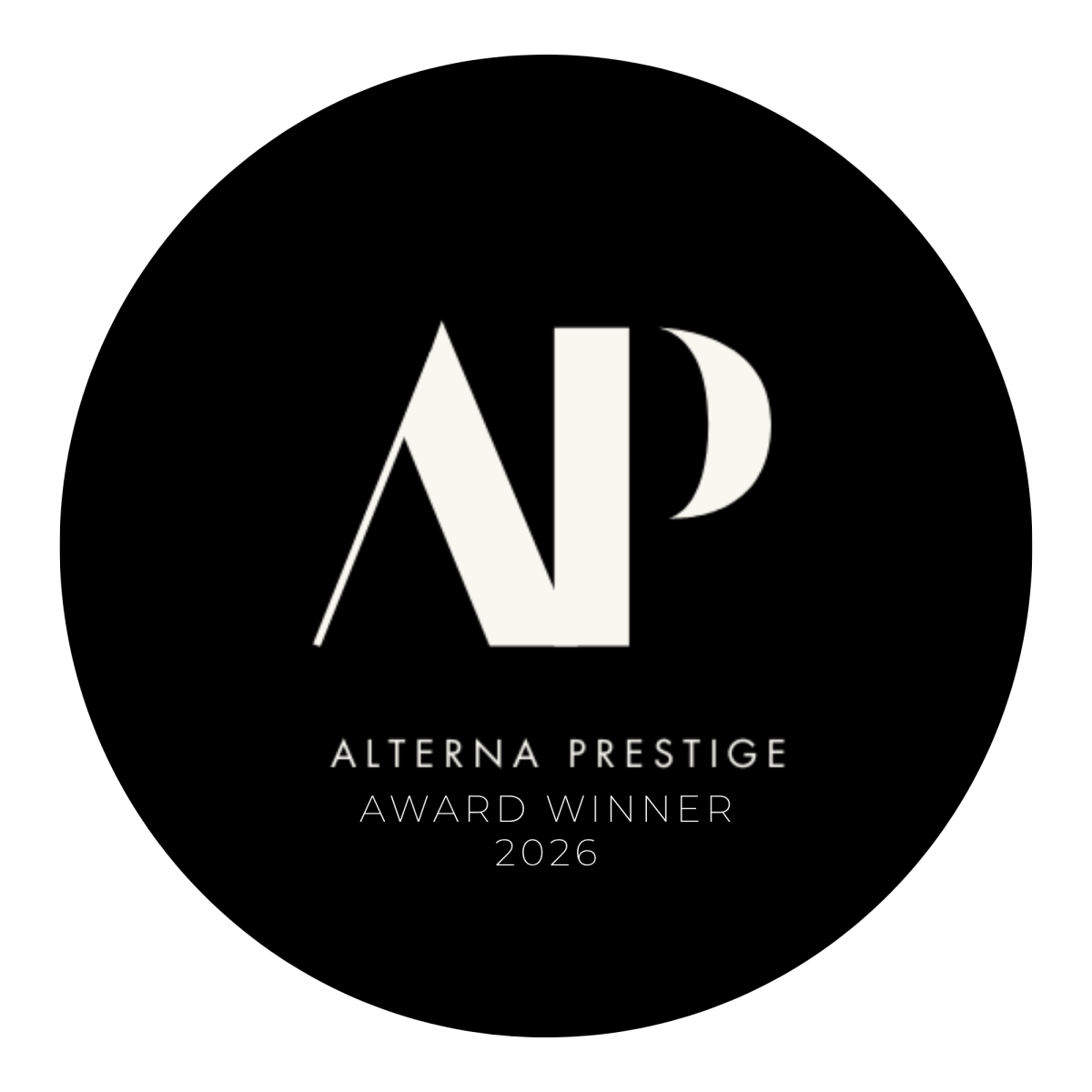 Black circle with 'AP Alterna Prestige Award Winner 2026' text in white.